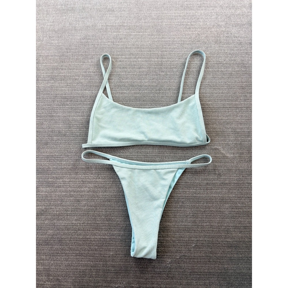 TAI Swim Bikini Two Piece Women M top S  Bottom Cheeky Cut Out Vacation Blue